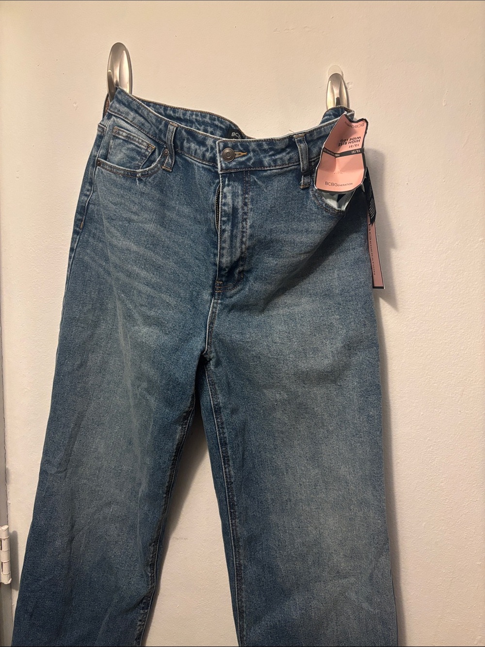 BCBGeneration High-Rise Straight Leg Jeans in Medium Blue